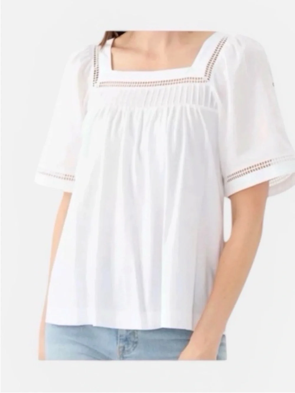 Banana Republic White Square-Neck Cotton Eyelet Trim Embroidered Blouse Medium